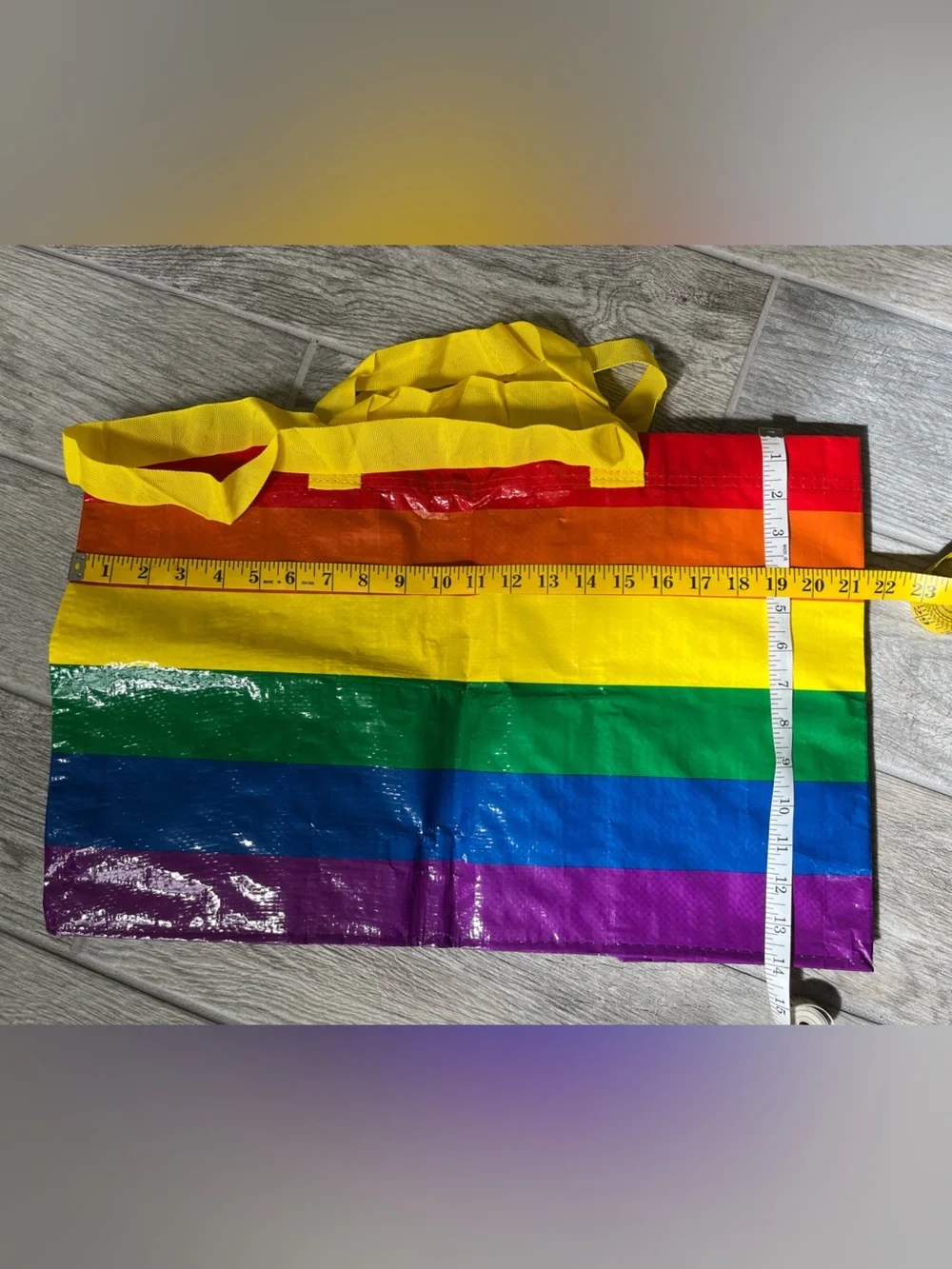 IKEA Rainbow Striped Storage Tote Bag with Yellow Handles